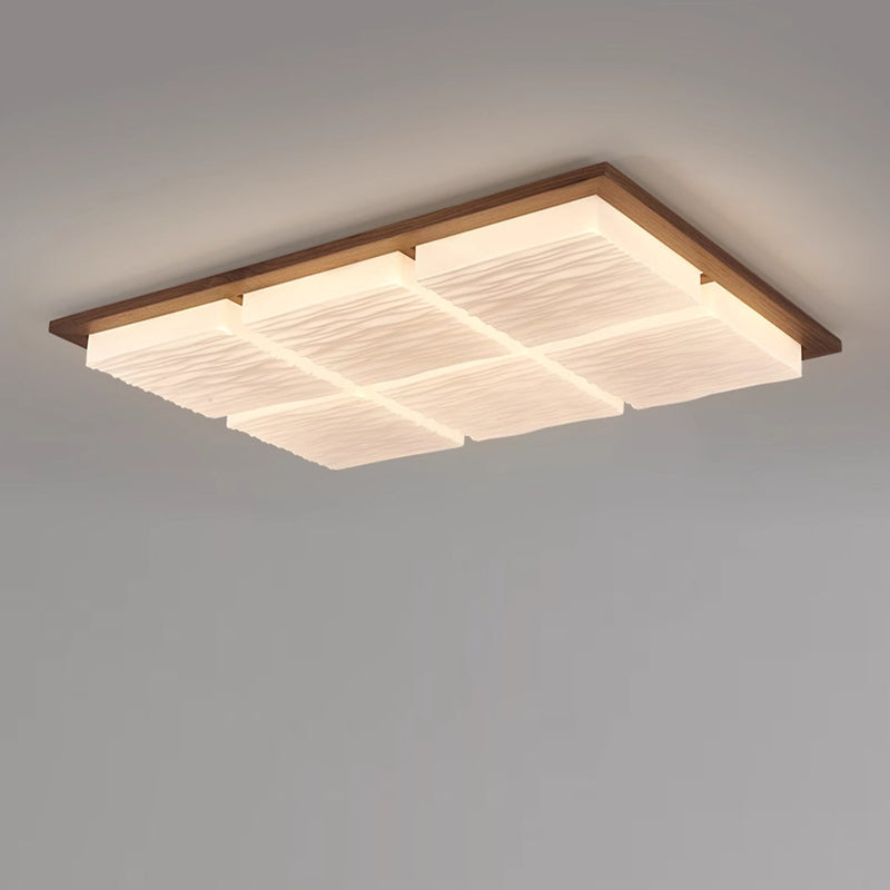 Traditional Japanese Acrylic Wood Base Rectangular Square Blocks Water Grain LED Flush Mount Ceiling Light for Hallway