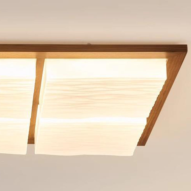 Traditional Japanese Acrylic Wood Base Rectangular Square Blocks Water Grain LED Flush Mount Ceiling Light for Hallway