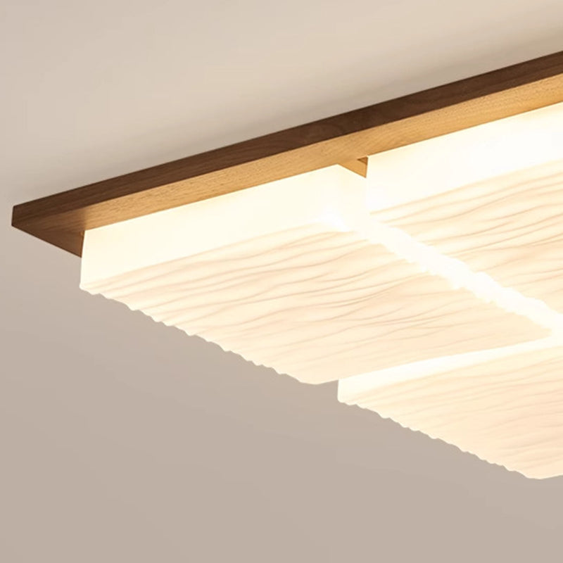 Traditional Japanese Acrylic Wood Base Rectangular Square Blocks Water Grain LED Flush Mount Ceiling Light for Hallway