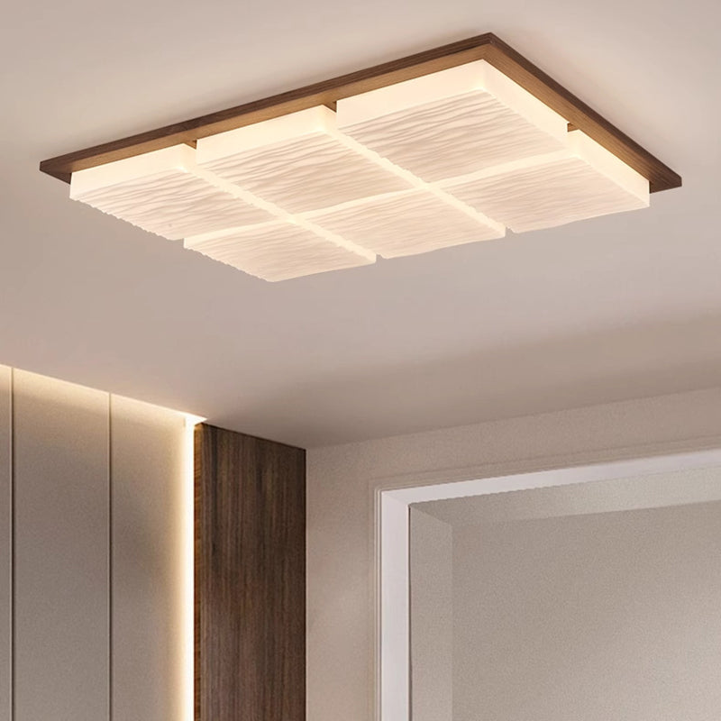 Traditional Japanese Acrylic Wood Base Rectangular Square Blocks Water Grain LED Flush Mount Ceiling Light for Hallway