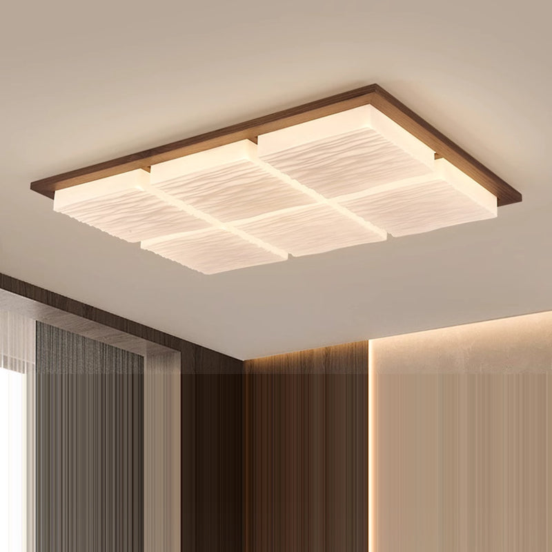 Traditional Japanese Acrylic Wood Base Rectangular Square Blocks Water Grain LED Flush Mount Ceiling Light for Hallway