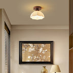 Contemporary Retro Petal Domed Round Vertical Grain Glass Shade Wood Frame 1-Light Semi-Flush Mount Ceiling Light For Living Room