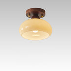 Contemporary Retro Petal Domed Round Vertical Grain Glass Shade Wood Frame 1-Light Semi-Flush Mount Ceiling Light For Living Room