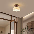 Contemporary Retro Petal Domed Round Vertical Grain Glass Shade Wood Frame 1-Light Semi-Flush Mount Ceiling Light For Living Room