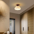 Contemporary Retro Petal Domed Round Vertical Grain Glass Shade Wood Frame 1-Light Semi-Flush Mount Ceiling Light For Living Room