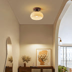 Contemporary Retro Petal Domed Round Vertical Grain Glass Shade Wood Frame 1-Light Semi-Flush Mount Ceiling Light For Living Room