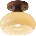 Contemporary Retro Petal Domed Round Vertical Grain Glass Shade Wood Frame 1-Light Semi-Flush Mount Ceiling Light For Living Room