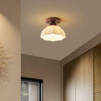 Contemporary Retro Petal Domed Round Vertical Grain Glass Shade Wood Frame 1-Light Semi-Flush Mount Ceiling Light For Living Room