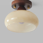 Contemporary Retro Petal Domed Round Vertical Grain Glass Shade Wood Frame 1-Light Semi-Flush Mount Ceiling Light For Living Room