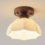 Contemporary Retro Petal Domed Round Vertical Grain Glass Shade Wood Frame 1-Light Semi-Flush Mount Ceiling Light For Living Room