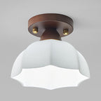 Contemporary Retro Petal Domed Round Vertical Grain Glass Shade Wood Frame 1-Light Semi-Flush Mount Ceiling Light For Living Room