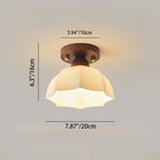 Contemporary Retro Petal Domed Round Vertical Grain Glass Shade Wood Frame 1-Light Semi-Flush Mount Ceiling Light For Living Room