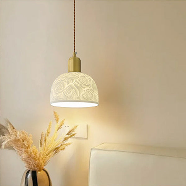 Contemporary Nordic Rose Pattern Ceramic Shade Brass 1-Light Pendant Light For Living Room