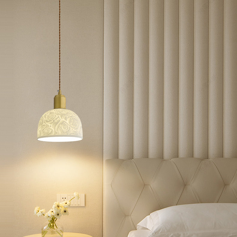 Contemporary Nordic Rose Pattern Ceramic Shade Brass 1-Light Pendant Light For Living Room