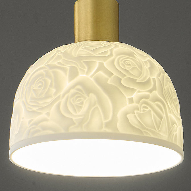 Contemporary Nordic Rose Pattern Ceramic Shade Brass 1-Light Pendant Light For Living Room