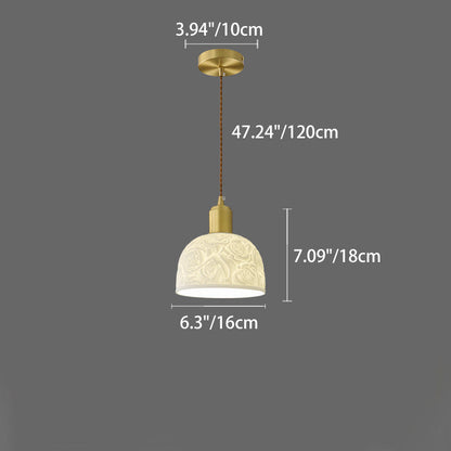 Contemporary Nordic Rose Pattern Ceramic Shade Brass 1-Light Pendant Light For Living Room
