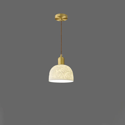 Contemporary Nordic Rose Pattern Ceramic Shade Brass 1-Light Pendant Light For Living Room