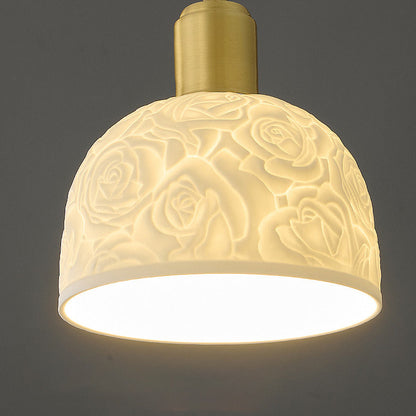 Contemporary Nordic Rose Pattern Ceramic Shade Brass 1-Light Pendant Light For Living Room