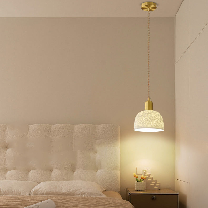 Contemporary Nordic Rose Pattern Ceramic Shade Brass 1-Light Pendant Light For Living Room