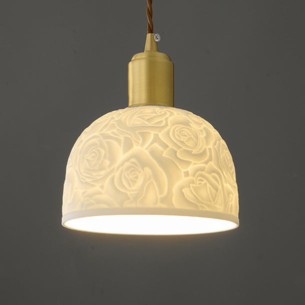 Contemporary Nordic Rose Pattern Ceramic Shade Brass 1-Light Pendant Light For Living Room