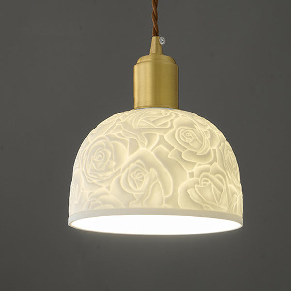 Contemporary Nordic Rose Pattern Ceramic Shade Brass 1-Light Pendant Light For Living Room