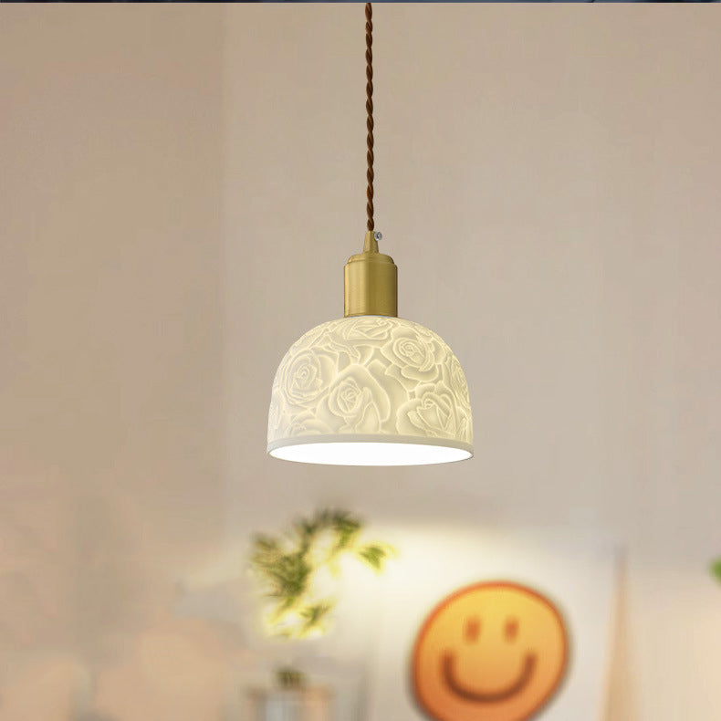 Contemporary Nordic Rose Pattern Ceramic Shade Brass 1-Light Pendant Light For Living Room