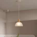 Contemporary Nordic Round Dome Wood Glass Shade 1-Light Pendant Light For Living Room