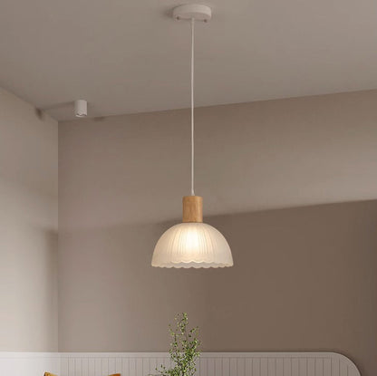 Contemporary Nordic Round Dome Wood Glass Shade 1-Light Pendant Light For Living Room