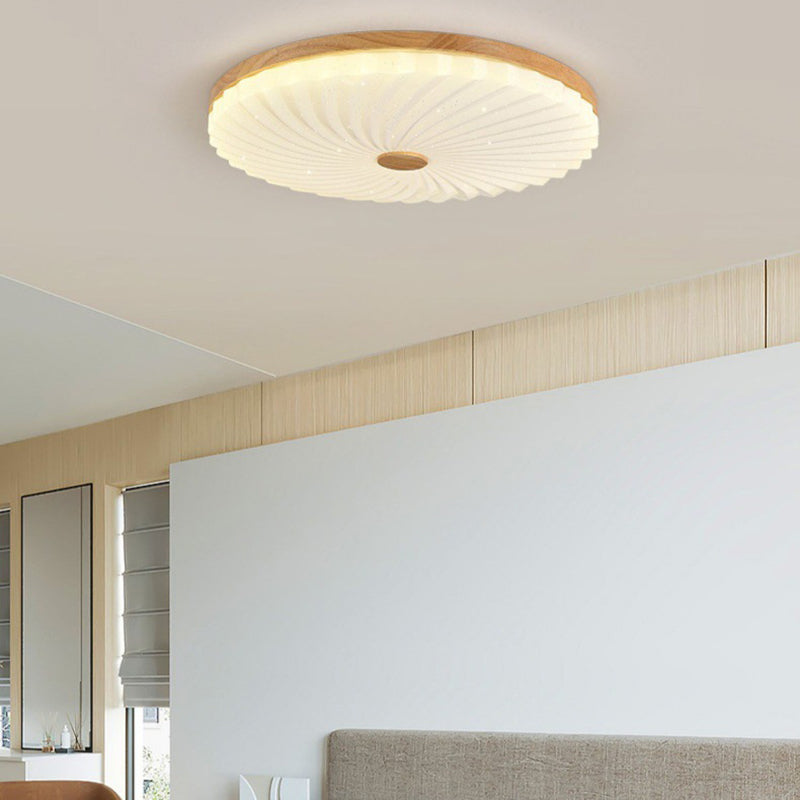 Traditional Japanese Round Pleated Acrylic Shade Wood LED Flush Mount Ceiling Light For Living Room