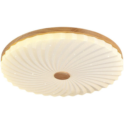 Traditional Japanese Round Pleated Acrylic Shade Wood LED Flush Mount Ceiling Light For Living Room