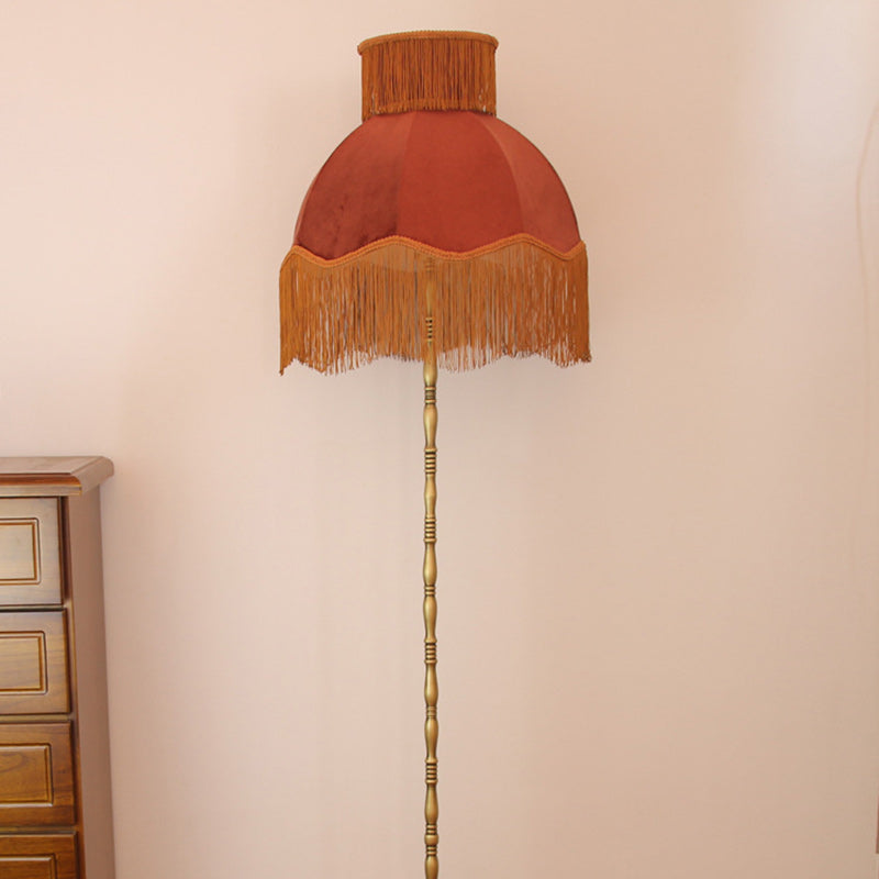 Traditional Vintage Cylinder Semicircle Tassel Fabric Copper 1-Light Standing Floor Lamp For Living Room Lumendat