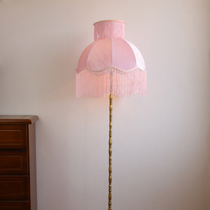Traditional Vintage Cylinder Semicircle Tassel Fabric Copper 1-Light Standing Floor Lamp For Living Room Lumendat