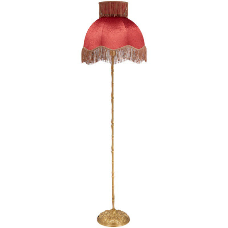 Traditional Vintage Cylinder Semicircle Tassel Fabric Copper 1-Light Standing Floor Lamp For Living Room Lumendat