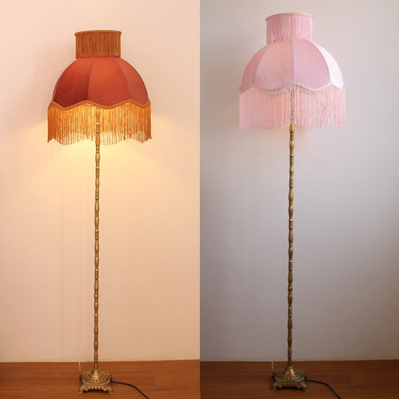 Traditional Vintage Cylinder Semicircle Tassel Fabric Copper 1-Light Standing Floor Lamp For Living Room Lumendat