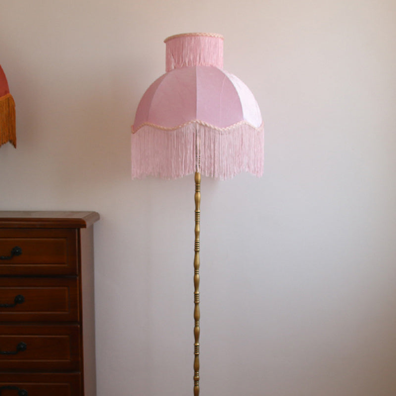 Traditional Vintage Cylinder Semicircle Tassel Fabric Copper 1-Light Standing Floor Lamp For Living Room Lumendat