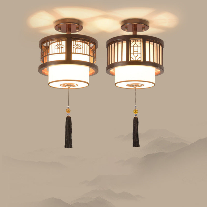 Traditional Chinese Cylinder Hollow Tassel Solid Wood Fabric 1-light Semi-flush Mount Ceiling Light for Living Room