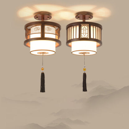Traditional Chinese Cylinder Hollow Tassel Solid Wood Fabric 1-light Semi-flush Mount Ceiling Light for Living Room