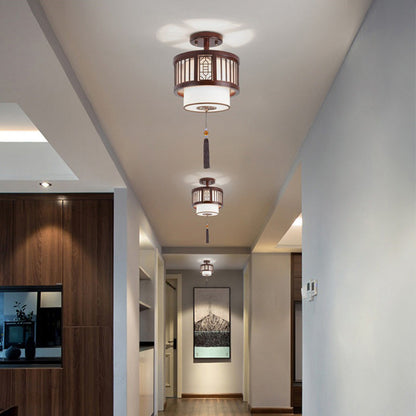 Traditional Chinese Cylinder Hollow Tassel Solid Wood Fabric 1-light Semi-flush Mount Ceiling Light for Living Room