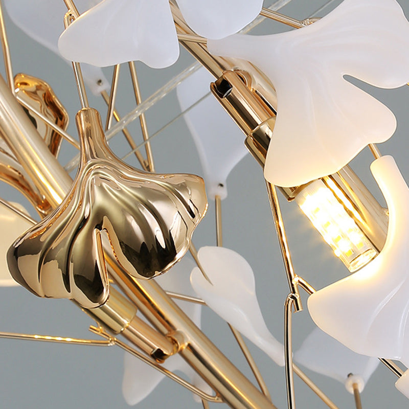 Contemporary Scandinavian Tree Branch Ginkgo Leaf Iron Plastic Porcelain 8-light Chandelier for Living Room BulbSquare
