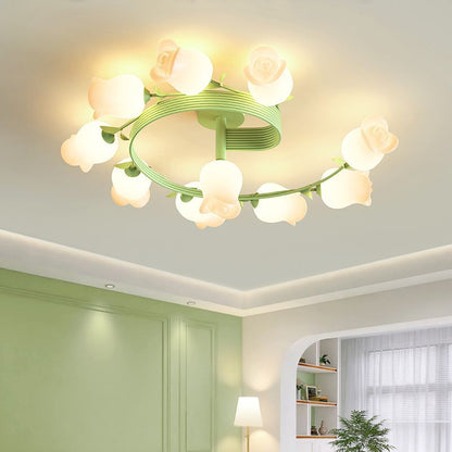 Contemporary Creative Branch Rose Flower Long Iron Pe 4/5/6/10 Light Semi-flush Mount Ceiling Light for Living Room