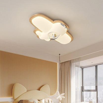 Contemporary Creative Cartoon Airplane Rubberwood PE LED Flush Mount Ceiling Light For Bedroom
