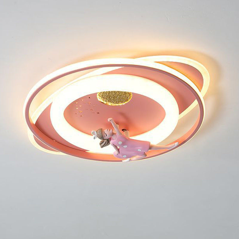 Contemporary Creative Cartoon Kids Astronaut Rocket Princess Round Oval Iron Acrylic LED Flush Mount Ceiling Light for Bedroom