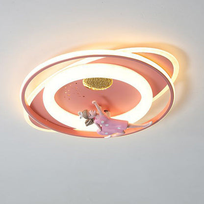 Contemporary Creative Cartoon Kids Astronaut Rocket Princess Round Oval Iron Acrylic LED Flush Mount Ceiling Light for Bedroom
