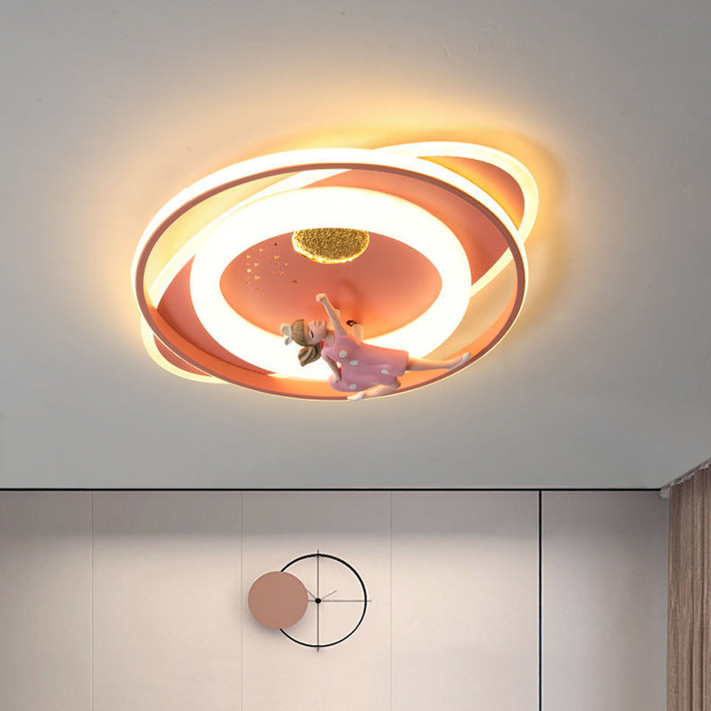 Contemporary Creative Cartoon Kids Astronaut Rocket Princess Round Oval Iron Acrylic LED Flush Mount Ceiling Light for Bedroom