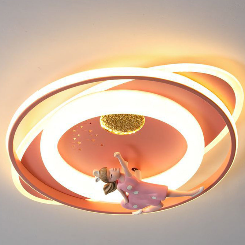 Contemporary Creative Cartoon Kids Astronaut Rocket Princess Round Oval Iron Acrylic LED Flush Mount Ceiling Light for Bedroom
