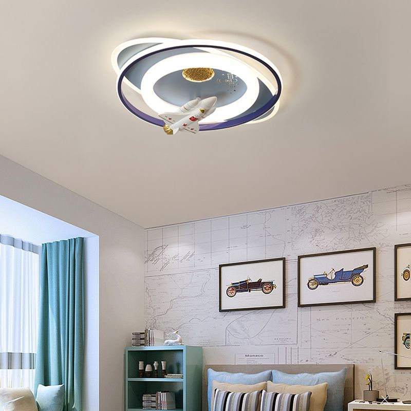 Contemporary Creative Cartoon Kids Astronaut Rocket Princess Round Oval Iron Acrylic LED Flush Mount Ceiling Light for Bedroom