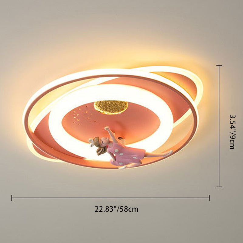Contemporary Creative Cartoon Kids Astronaut Rocket Princess Round Oval Iron Acrylic LED Flush Mount Ceiling Light for Bedroom