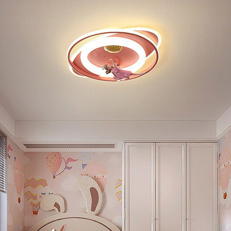 Contemporary Creative Cartoon Kids Astronaut Rocket Princess Round Oval Iron Acrylic LED Flush Mount Ceiling Light for Bedroom