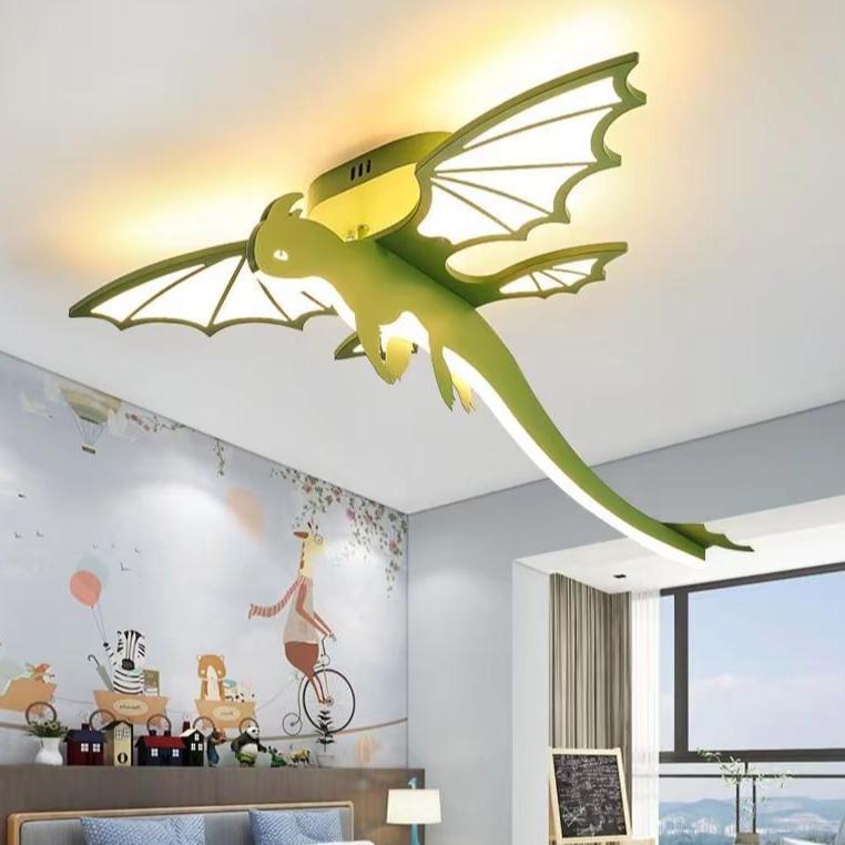 Contemporary Creative Cartoon Kids Dinosaur Oval Chassis Iron PVC Acrylic LED Semi-Flush Mount Ceiling Light Kids Light For Bedroom Lumendat