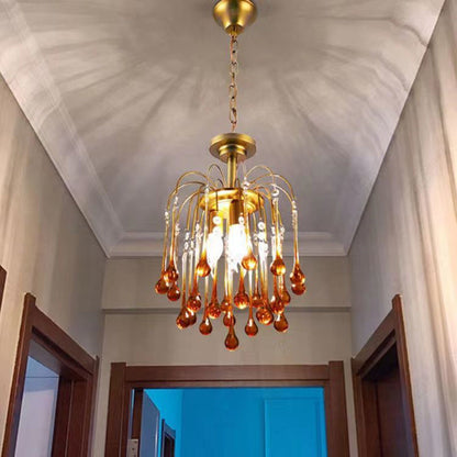 Traditional Vintage Branch Cylinder Tear Drop Copper Glass 3/4/6/12 Light Chandelier for Living Room